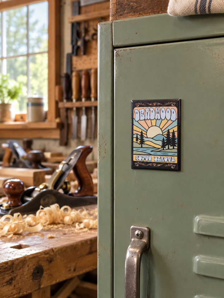 Deadwood sunrise magnet on a sage steel cabinet in a home woodworking garage