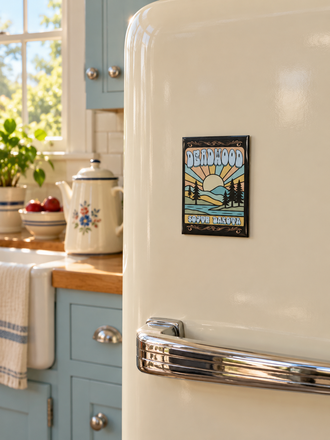 Deadwood sunrise souvenir magnet on a cream refrigerator in a vintage kitchen