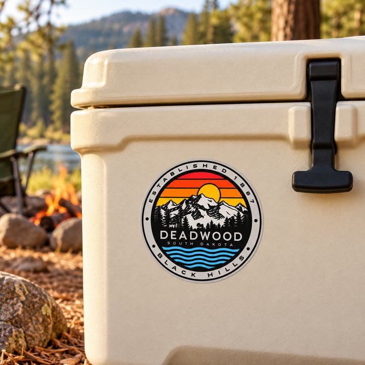 Deadwood Retro Sunset Mountains &amp; Blue Waves Round Sticker on a cooler — lifestyle display mockup; accessories not included