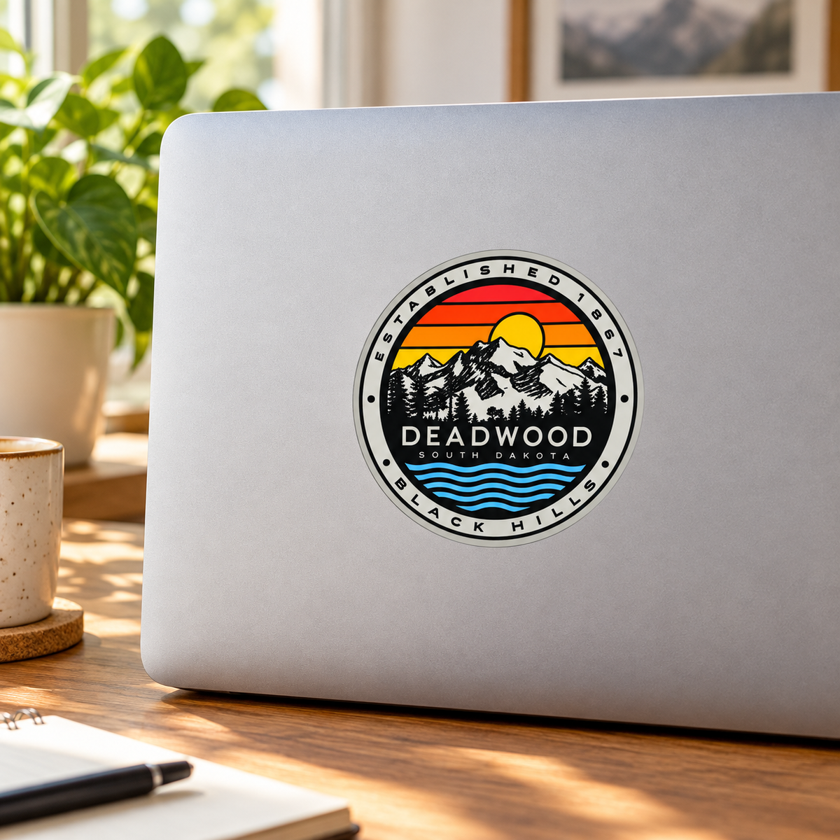 Deadwood Retro Sunset Mountains & Blue Waves Round Sticker on a laptop — lifestyle display mockup; accessories not included