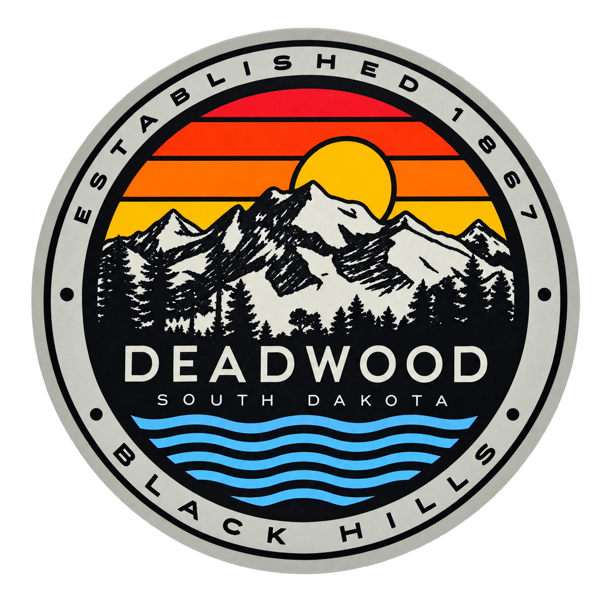 Deadwood Retro Sunset Mountains & Blue Waves Round Sticker — isolated product view