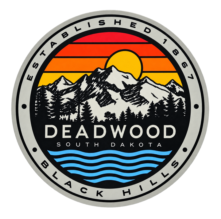 Deadwood Retro Sunset Mountains &amp; Blue Waves Round Sticker — isolated product view