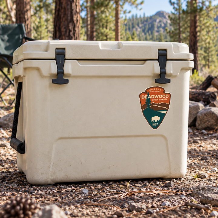 Deadwood Rugged Outdoors Bison Arrowhead Sticker on a camping cooler — realistic scale lifestyle display; accessories not included