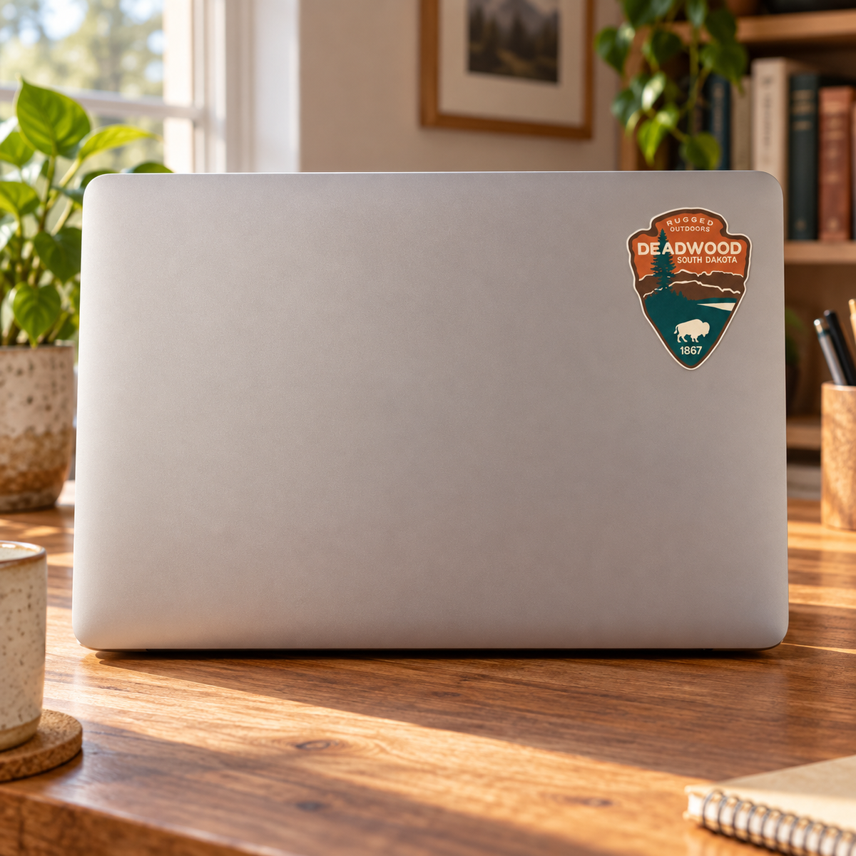 Deadwood Rugged Outdoors Bison Arrowhead Sticker on a laptop cover — realistic scale lifestyle display; accessories not included