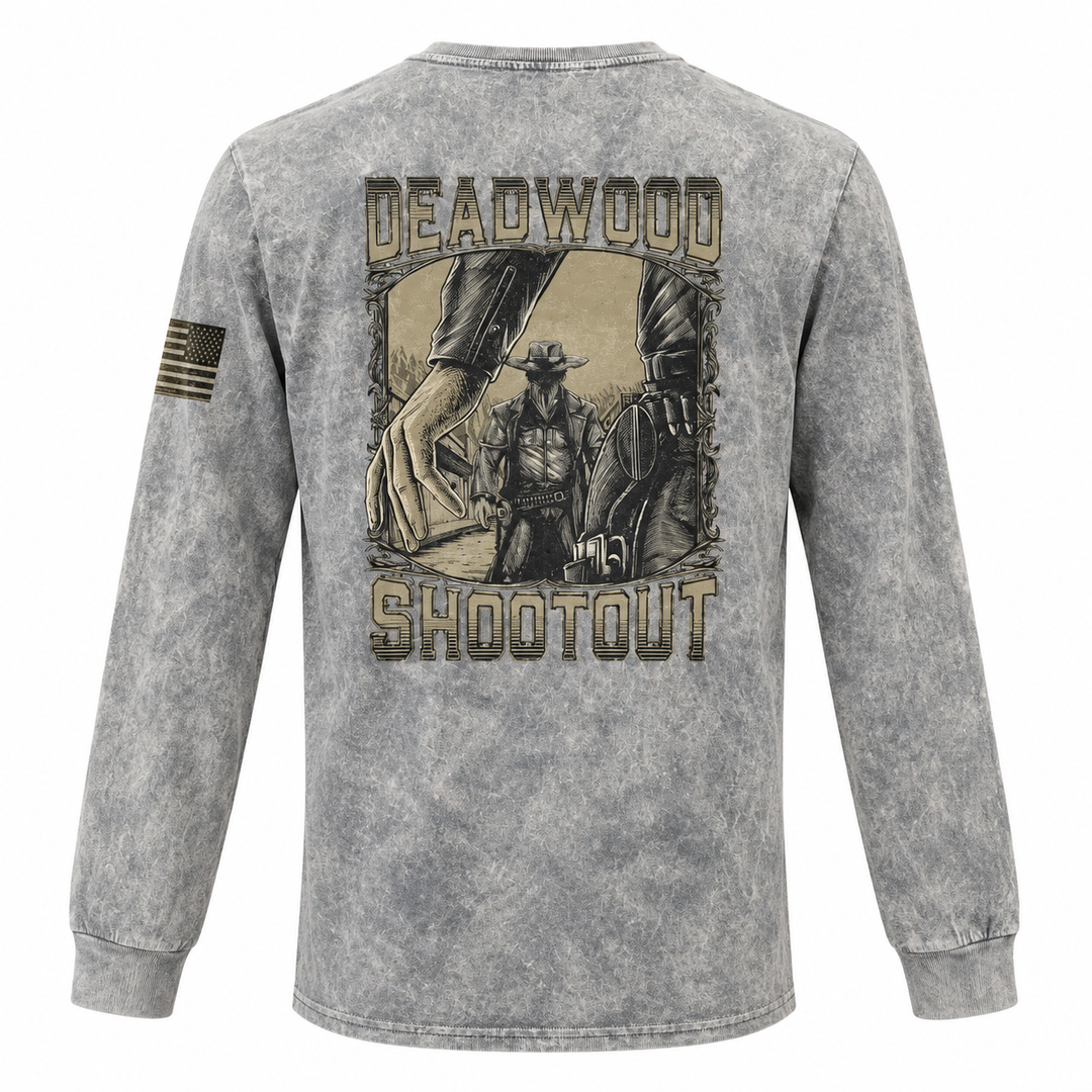Washed gray Deadwood Shootout long sleeve shirt back Western gunslinger showdown artwork