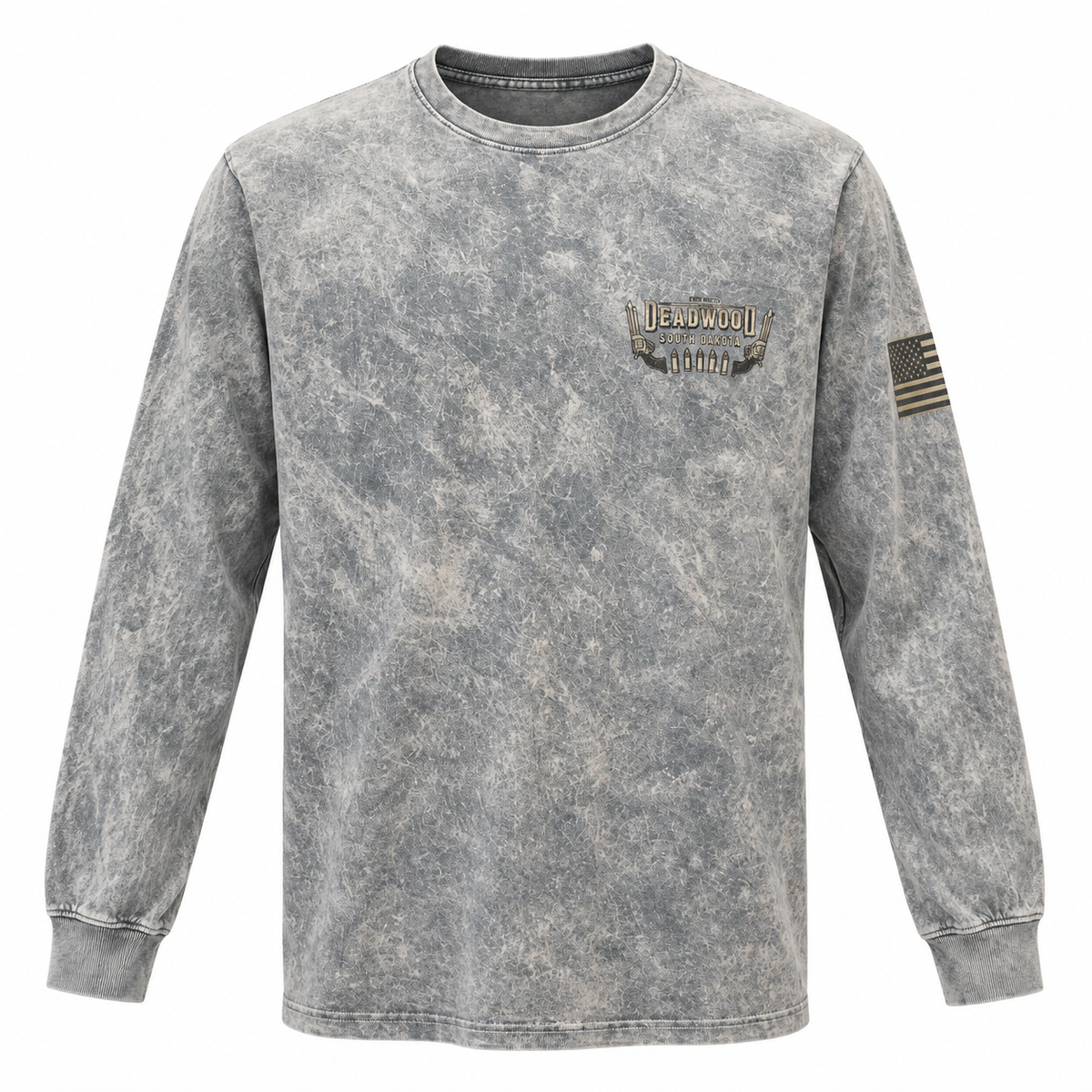 Washed gray Deadwood Shootout long sleeve shirt front with chest artwork and American flag sleeve