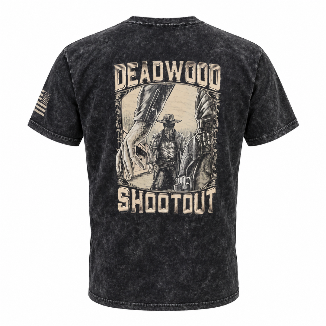 Washed black Deadwood Shootout T-shirt, back view