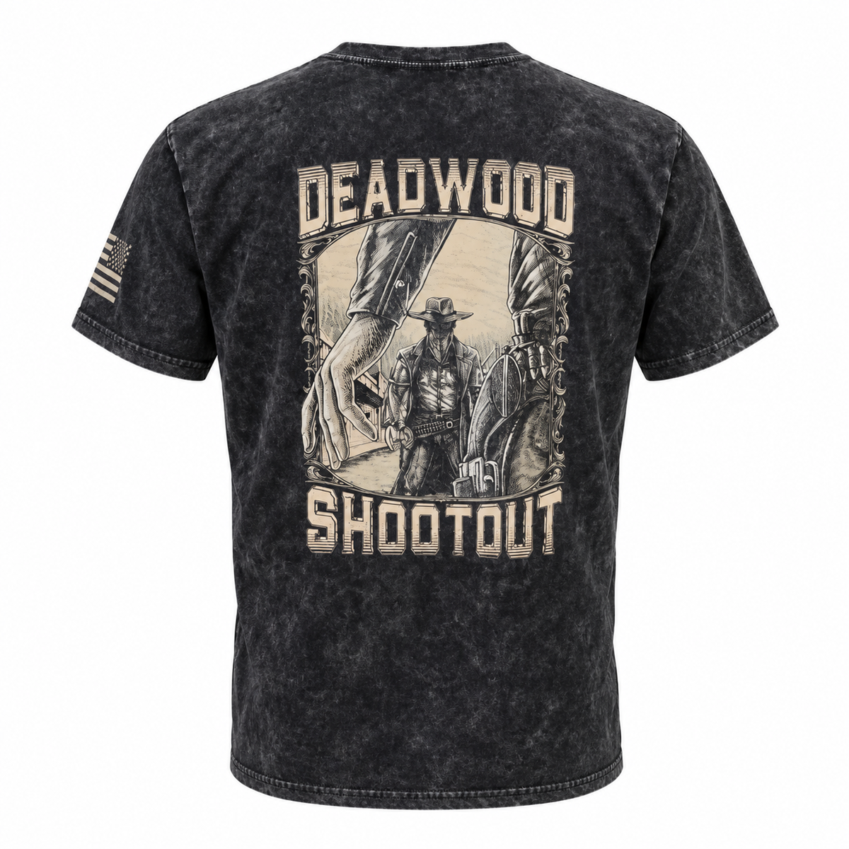 Washed black Deadwood Shootout T-shirt, back view