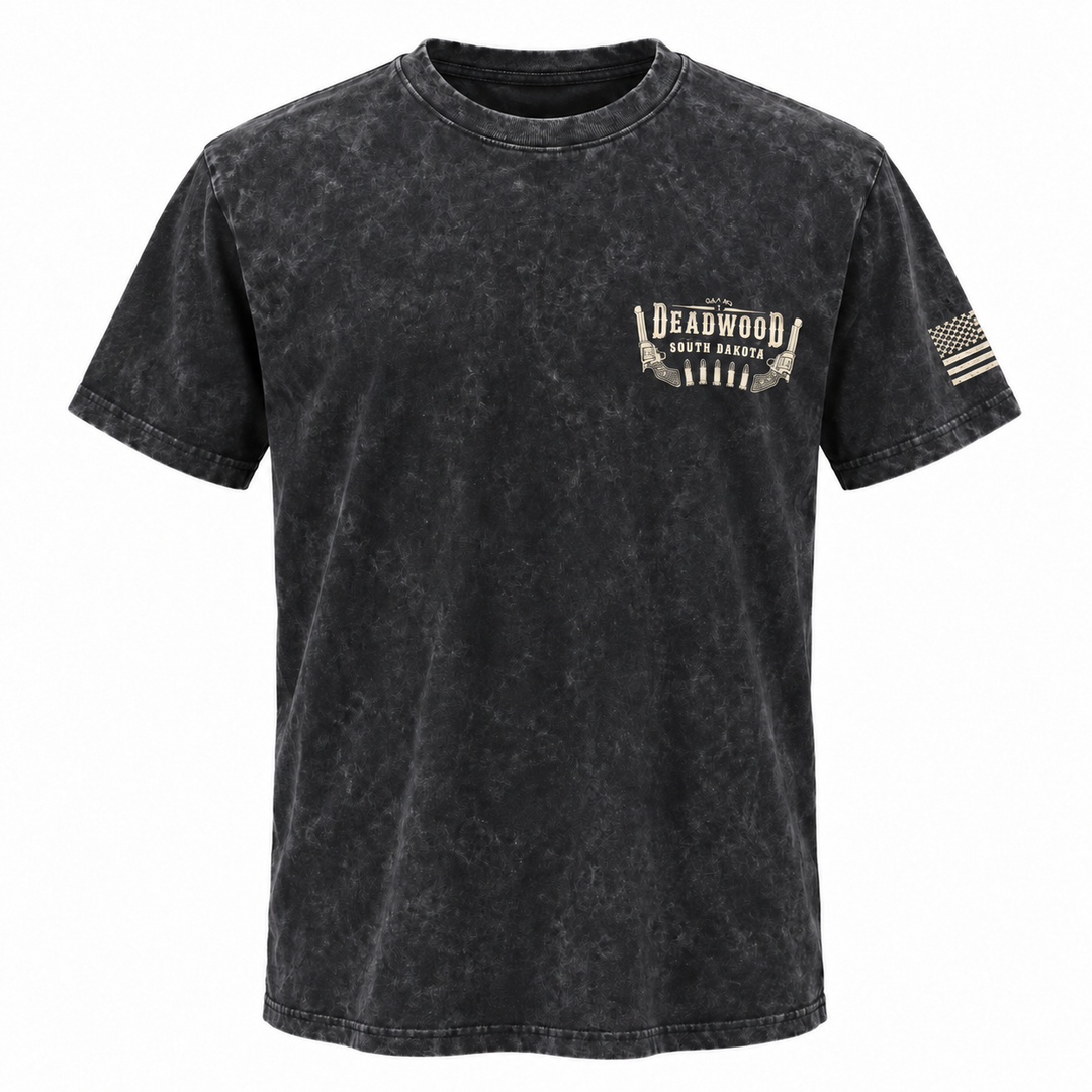 Washed black Deadwood Shootout T-shirt, front view