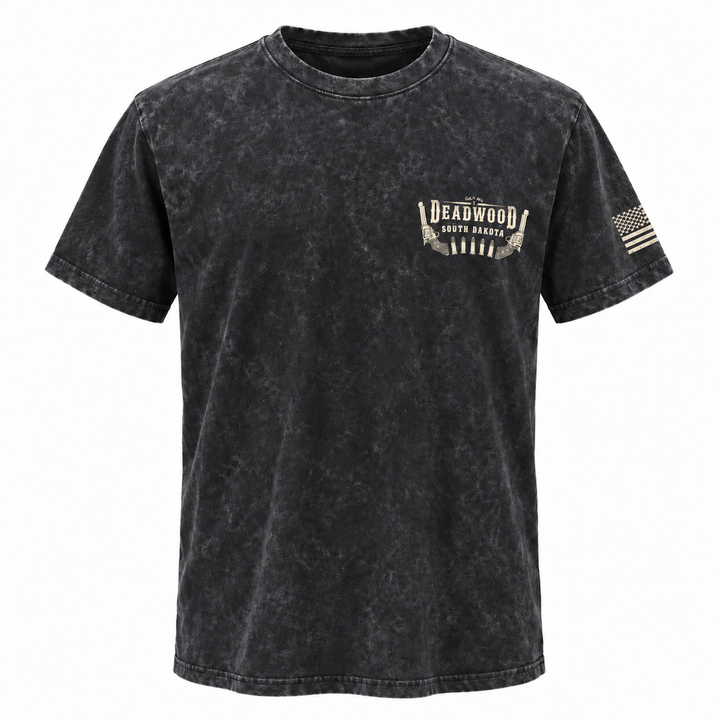 Washed black Deadwood Shootout T-shirt, front view