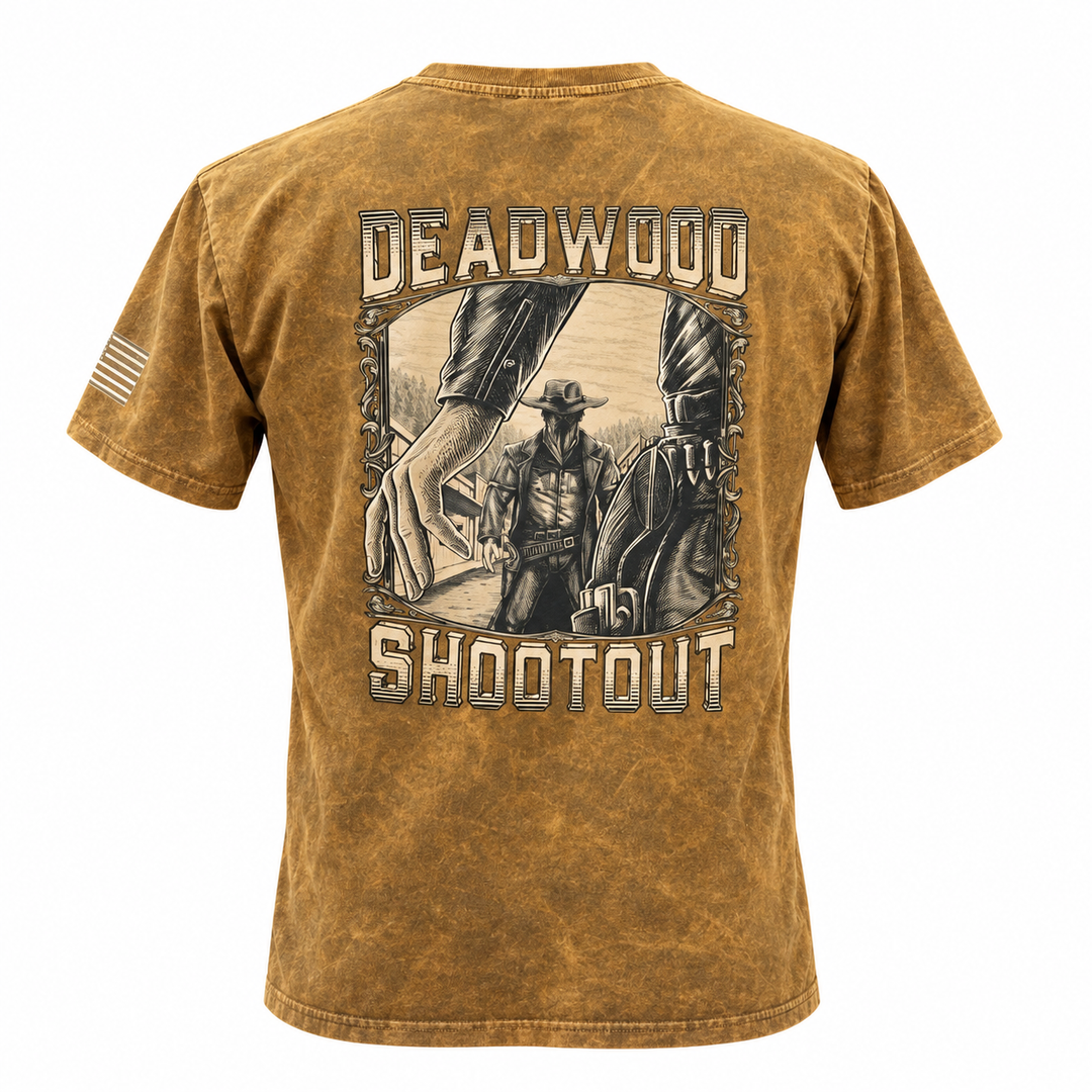 Washed brown Deadwood Shootout T-shirt, back view
