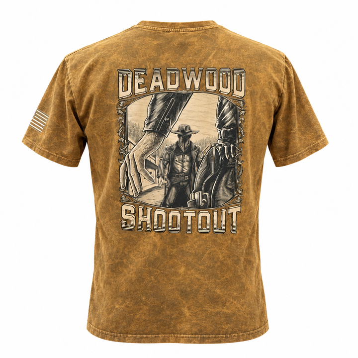 Washed brown Deadwood Shootout T-shirt, back view