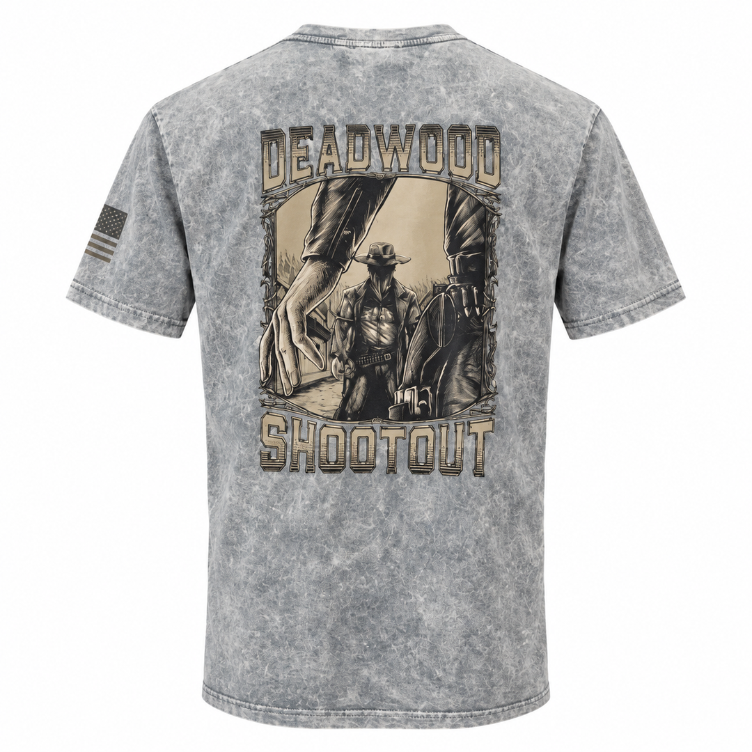 Washed gray Deadwood Shootout T-shirt, large Western gunslinger showdown back design
