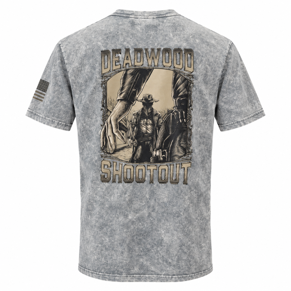 Washed gray Deadwood Shootout T-shirt, large Western gunslinger showdown back design