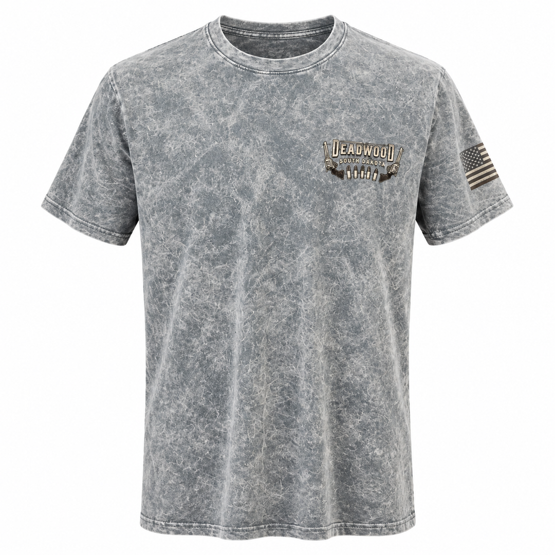 Washed gray Deadwood Shootout T-shirt, small Deadwood South Dakota chest design and American flag sleeve