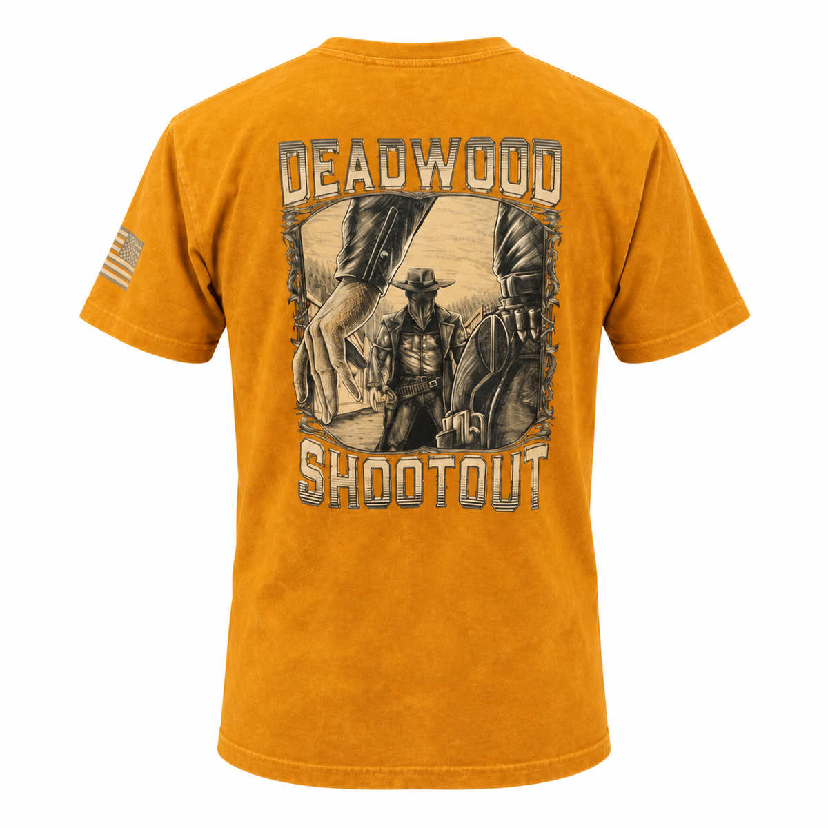 Washed mustard Deadwood Shootout T-shirt, back view