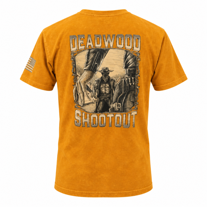 Washed mustard Deadwood Shootout T-shirt, back view
