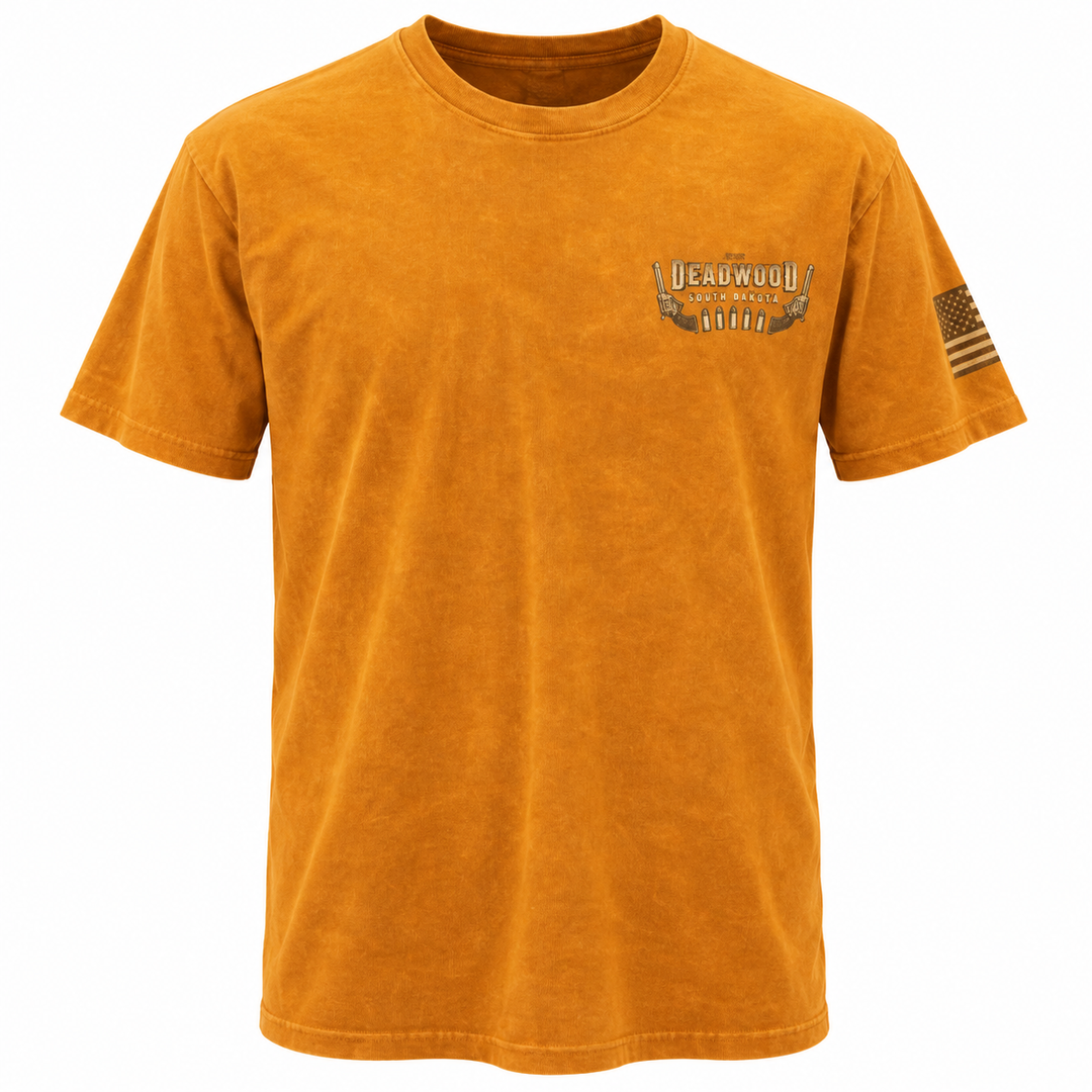 Washed mustard Deadwood Shootout T-shirt, front view