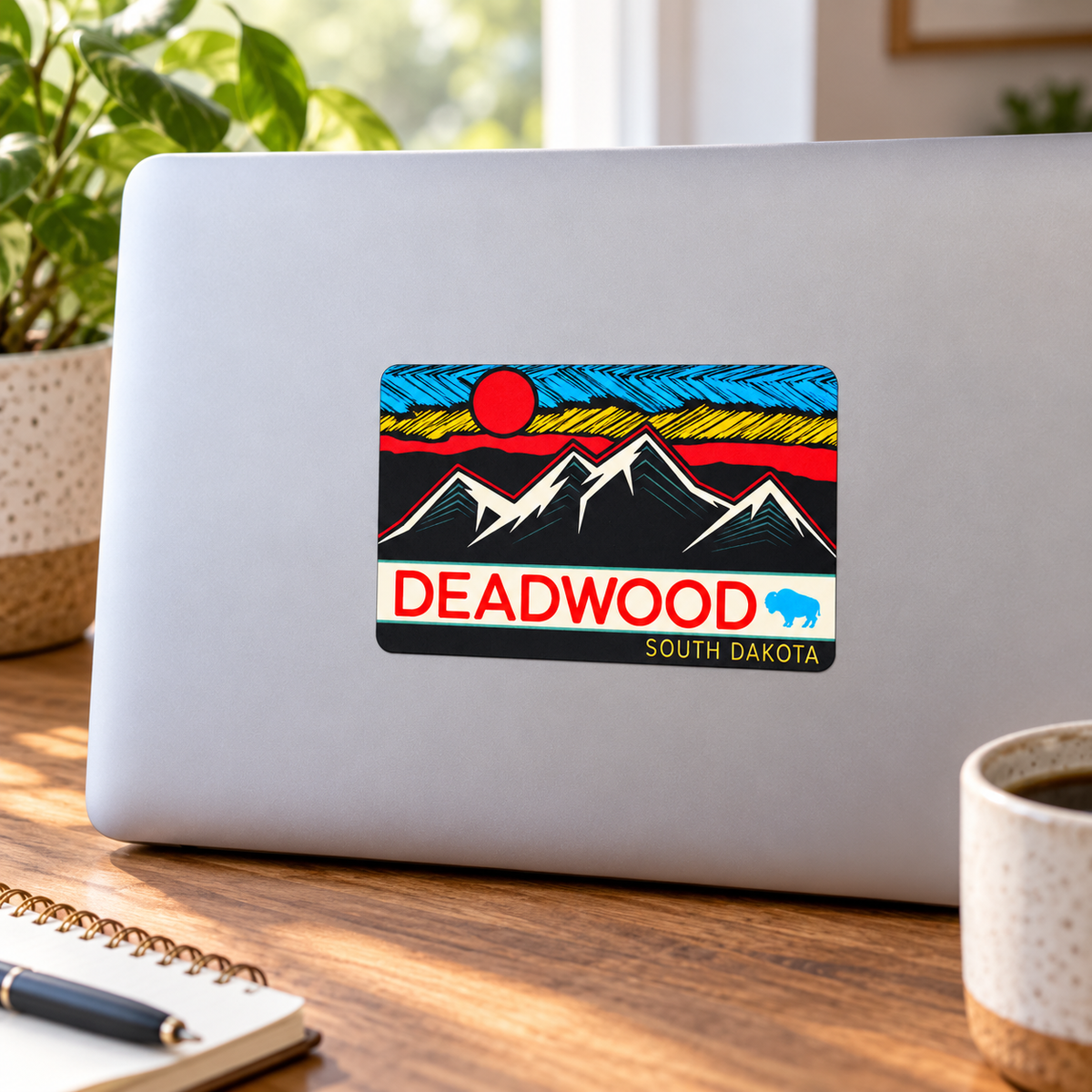 Deadwood Sketch Mountain Sunset & Blue Bison Rectangle Sticker on a laptop — lifestyle display mockup; accessories not included