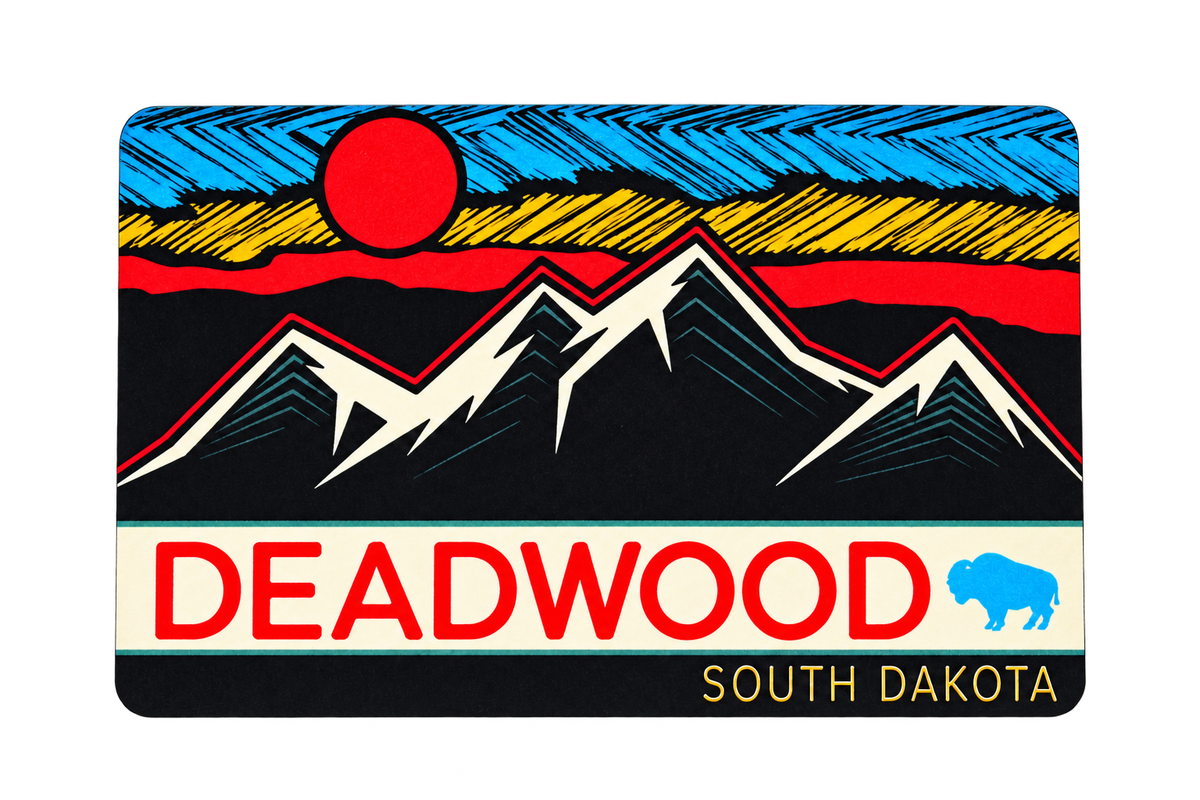 Deadwood Sketch Mountain Sunset & Blue Bison Rectangle Sticker — isolated product view