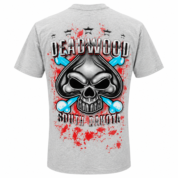 Heather gray OR Deadwood South Dakota Skull and Spade T-shirt large back graphic