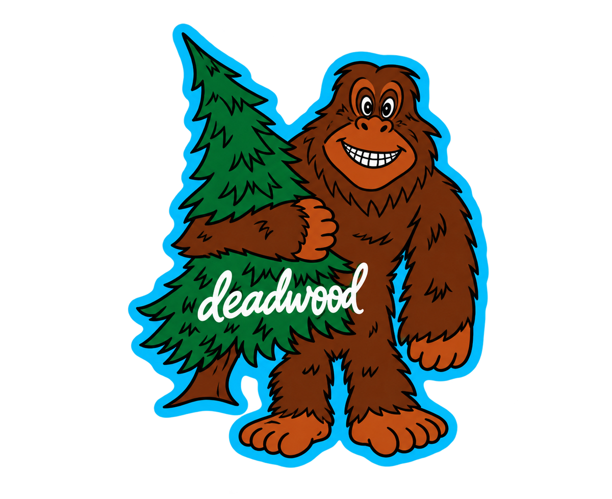 Deadwood Smiling Bigfoot Hugging a Pine Tree Sticker — isolated product view