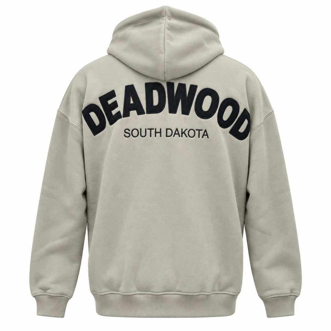 Grey Deadwood soft heavyweight hoodie, back with dark raised felt-like striped appliqué lettering