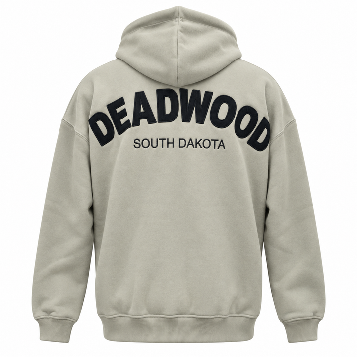 Grey Deadwood soft heavyweight hoodie, back with dark raised felt-like striped appliqué lettering