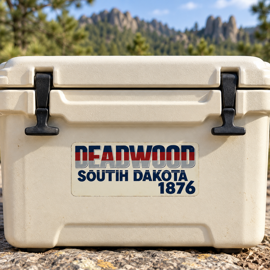 Deadwood South Dakota 1876 Varsity Lettering Sticker on a cooler — lifestyle display mockup; accessories not included