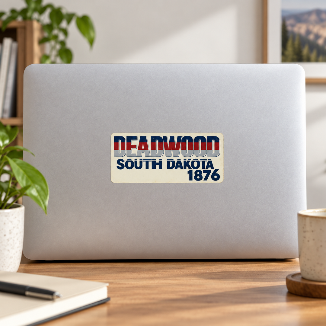 Deadwood South Dakota 1876 Varsity Lettering Sticker on a laptop — lifestyle display mockup; accessories not included