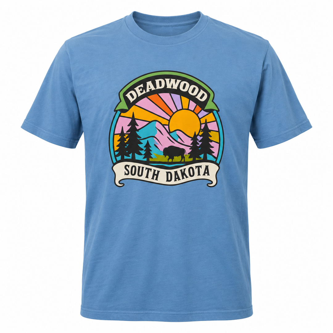 Blue OR Deadwood South Dakota Bison Sunset T-shirt with colorful buffalo and mountain front graphic