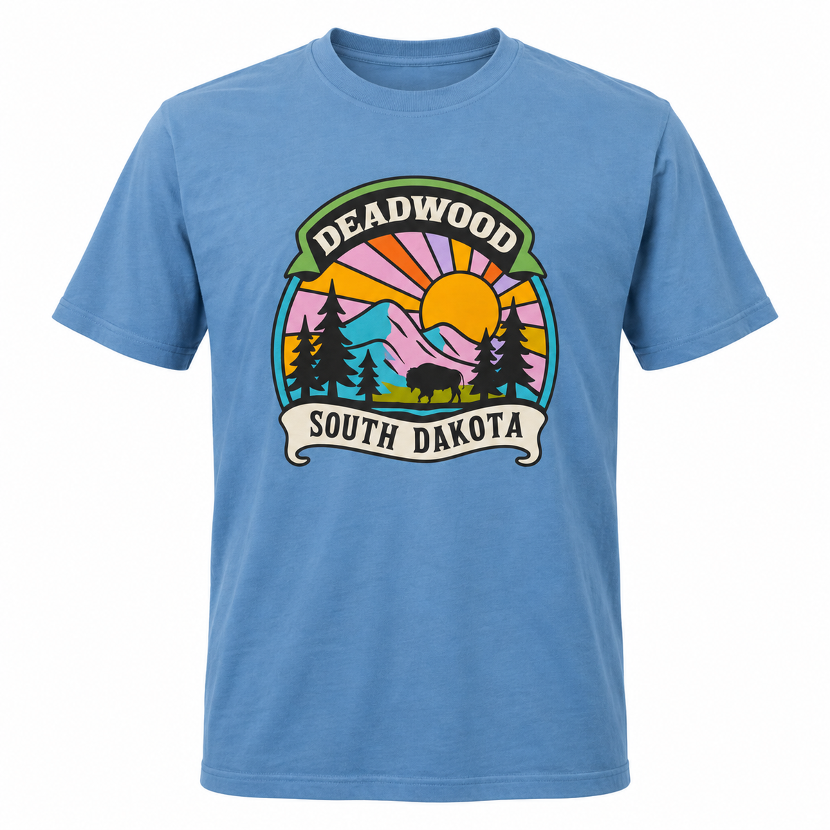 Blue OR Deadwood South Dakota Bison Sunset T-shirt with colorful buffalo and mountain front graphic
