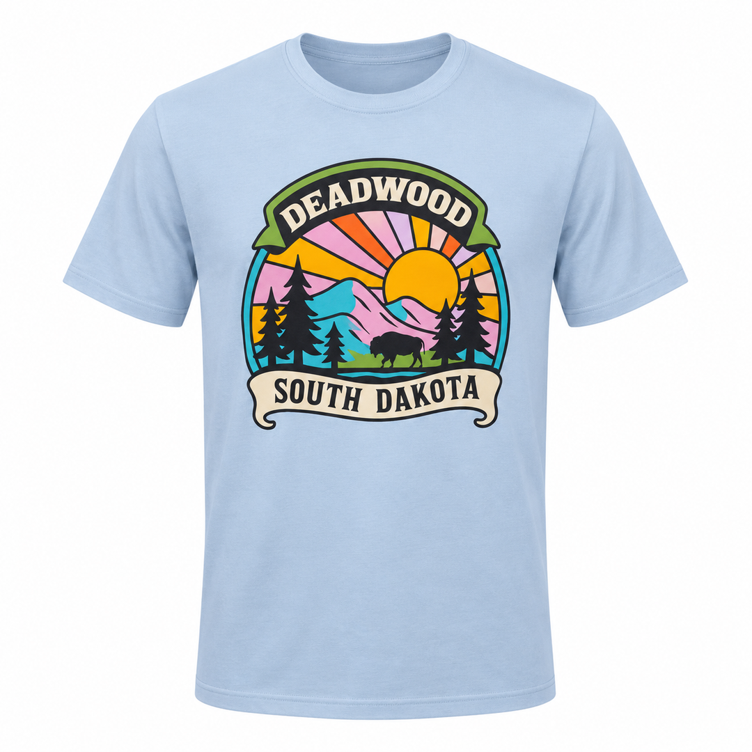 Light blue OR Deadwood South Dakota Bison Sunset T-shirt front