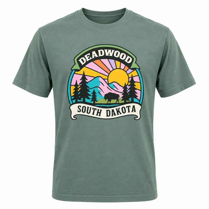 Sage green OR Deadwood South Dakota Bison Sunset T-shirt front