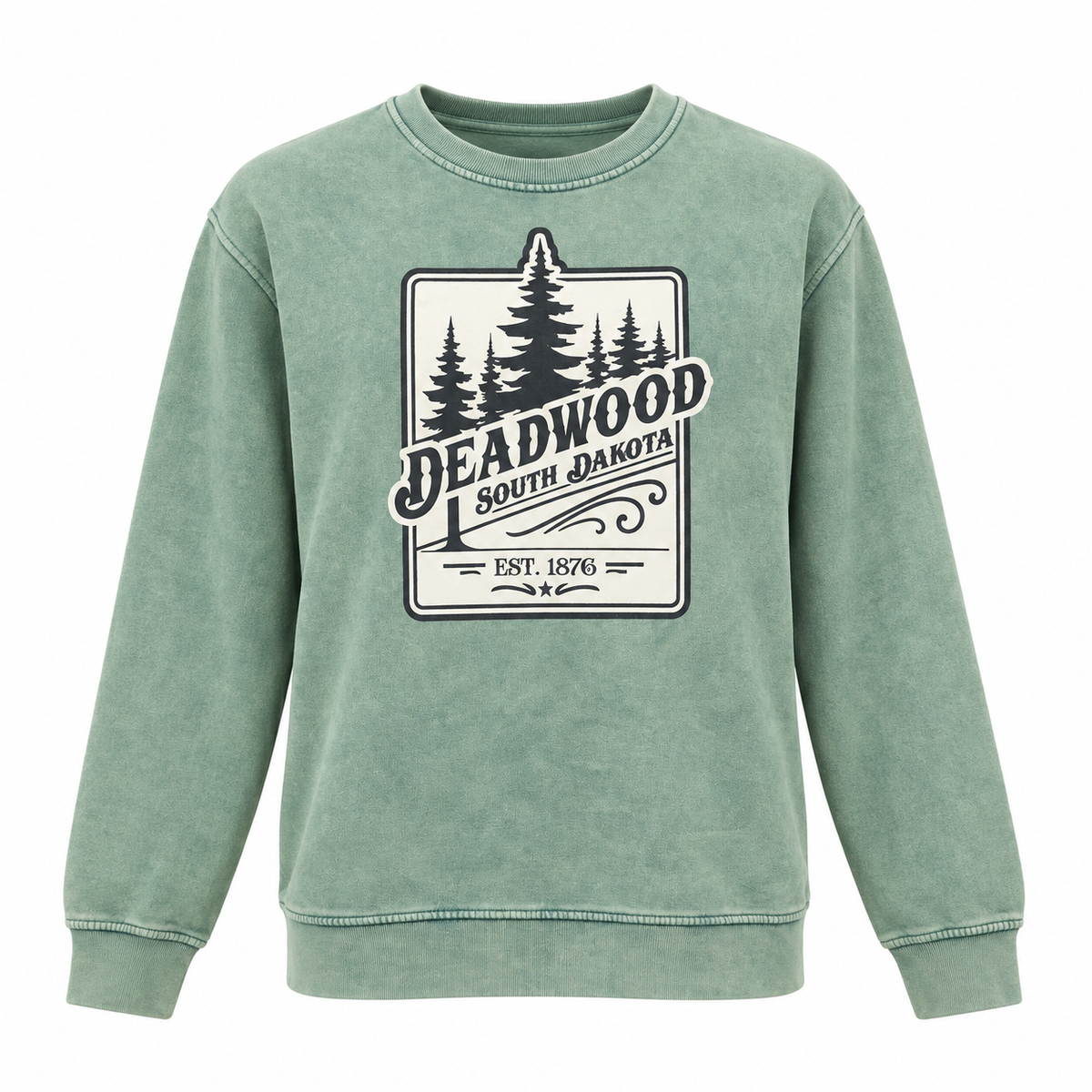 Deadwood Stamp washed green crewneck sweatshirt, front studio view