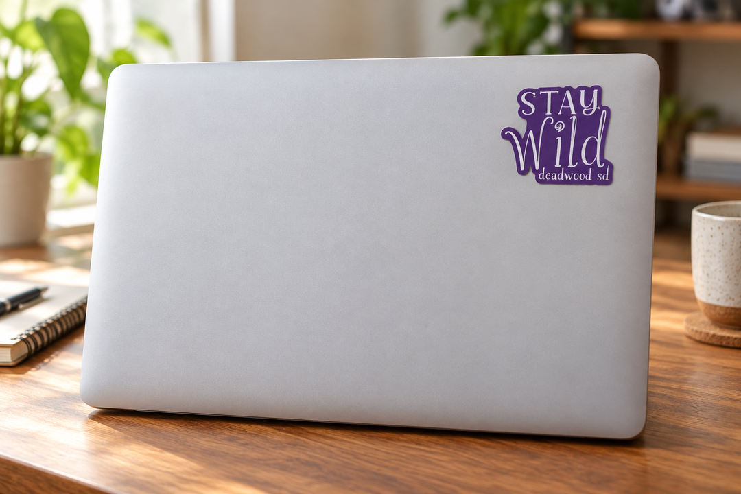 Deadwood Stay Wild Purple Lettering Sticker on a laptop cover at realistic scale