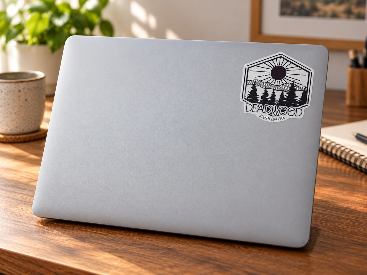 Deadwood Sunrise Pine Forest Hexagon Sticker on a laptop cover at realistic scale