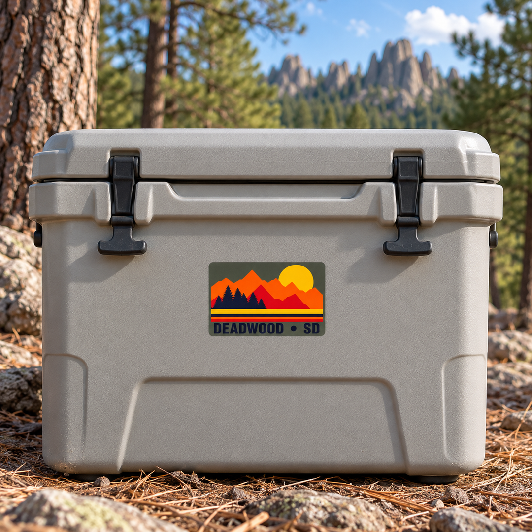 Deadwood Sunset Pines Rectangle Sticker on a cooler — lifestyle display mockup; accessories not included