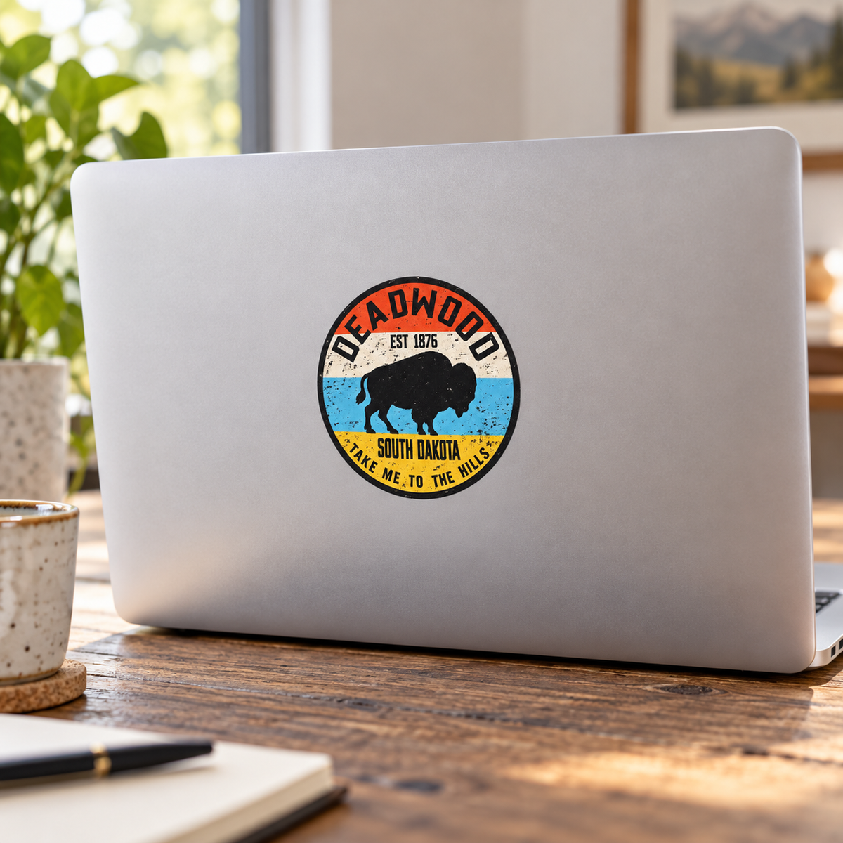 Deadwood Take Me to the Hills Bison Round Sticker on a laptop — lifestyle display mockup; accessories not included