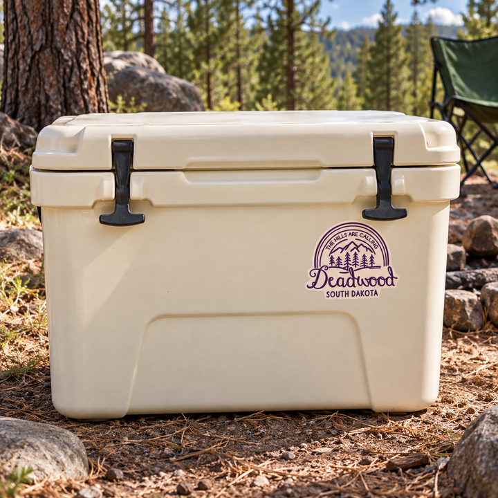 Deadwood The Hills Are Calling Purple Arch Sticker on a camping cooler — realistic scale lifestyle display; accessories not included