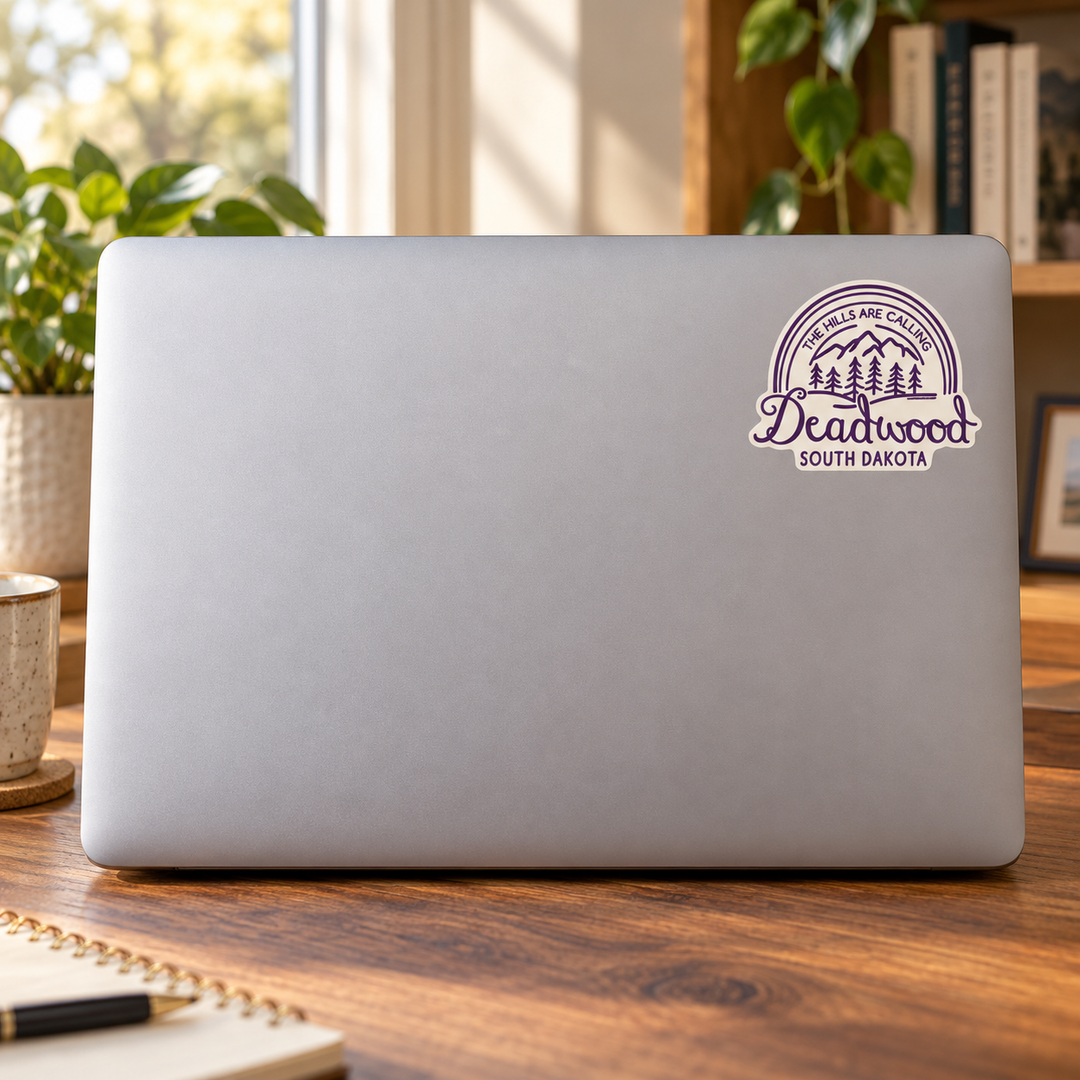 Deadwood The Hills Are Calling Purple Arch Sticker on a laptop cover — realistic scale lifestyle display; accessories not included