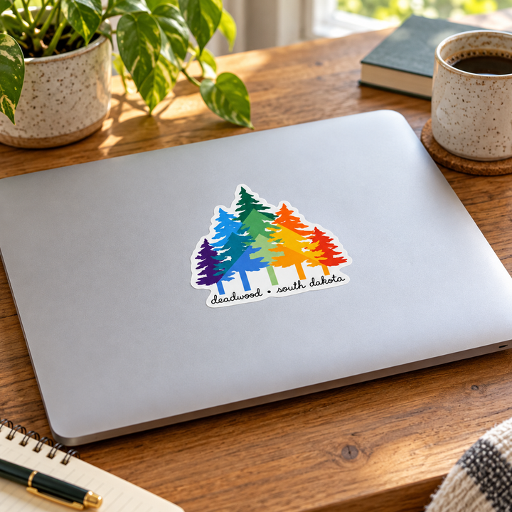 Deadwood Rainbow Pine Trees Sticker shown on a laptop — lifestyle mockup