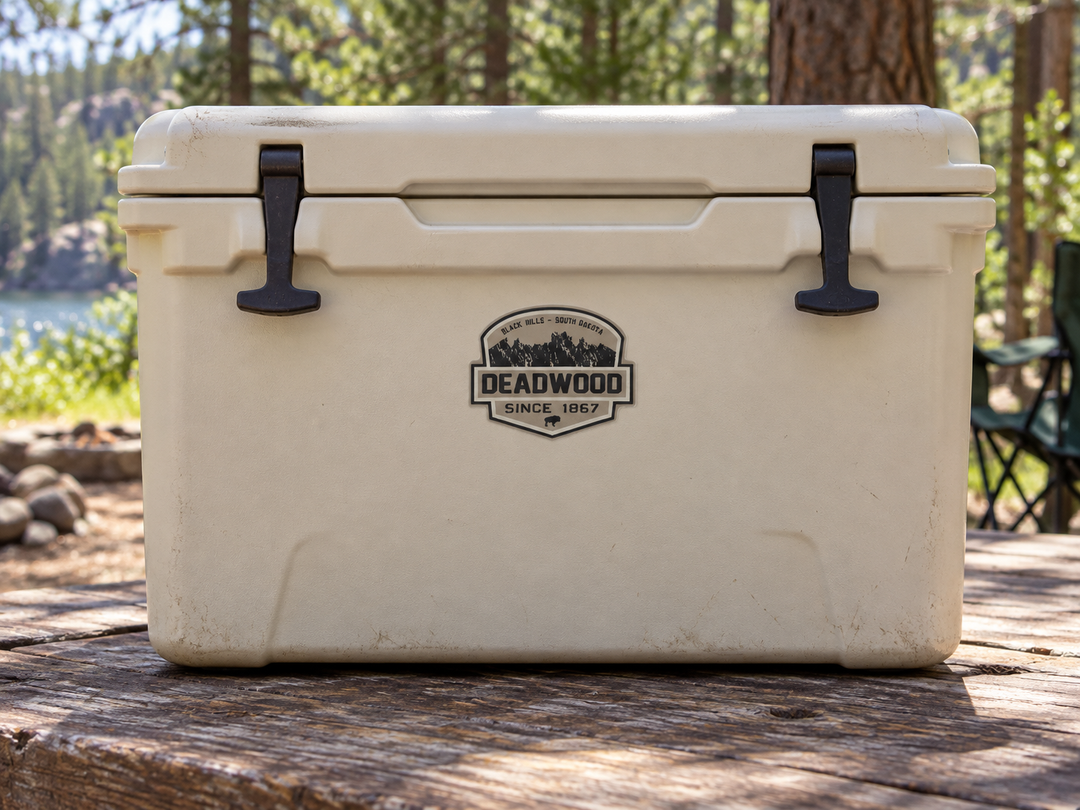 Deadwood Vintage Mountain &amp; Bison Badge Sticker on a camping cooler at realistic scale