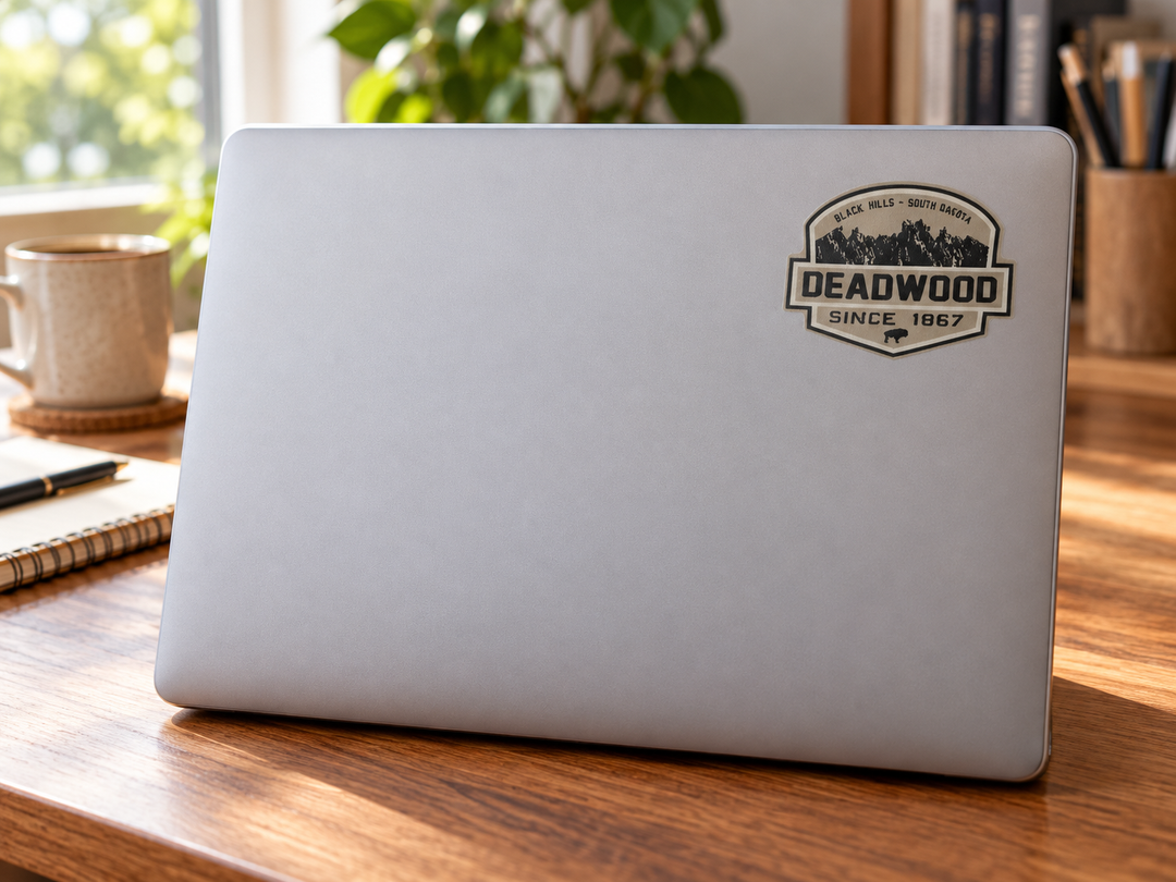 Deadwood Vintage Mountain &amp; Bison Badge Sticker on a laptop cover at realistic scale