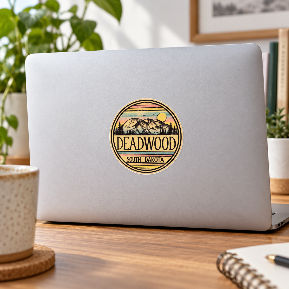 Deadwood Vintage Mountain Sunset Round Sticker on a laptop — lifestyle display mockup; accessories not included