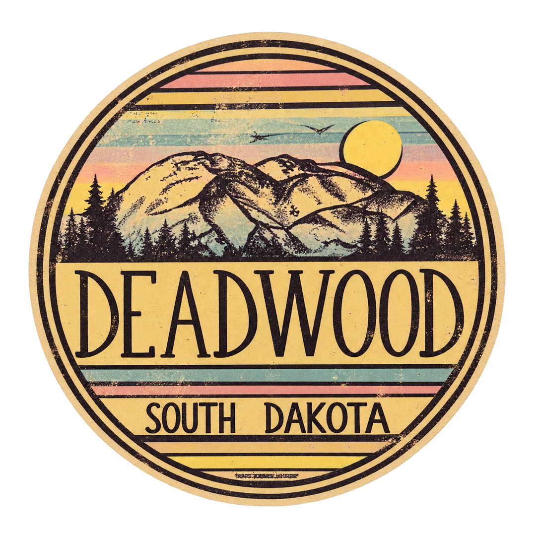 Deadwood Vintage Mountain Sunset Round Sticker — isolated product view