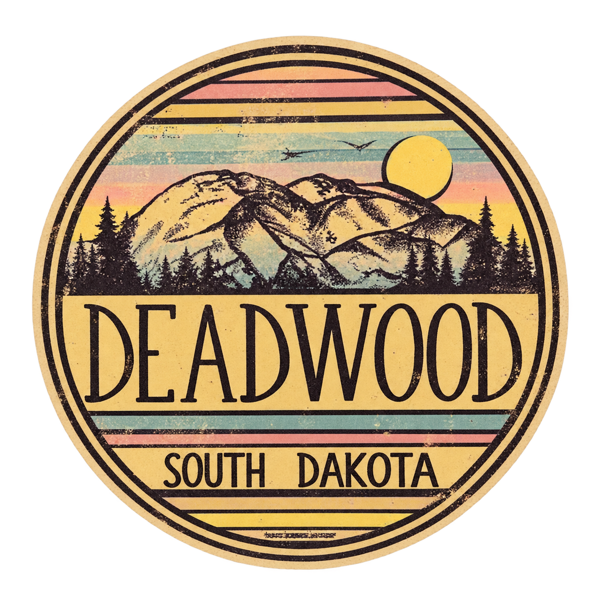 Deadwood Vintage Mountain Sunset Round Sticker — isolated product view