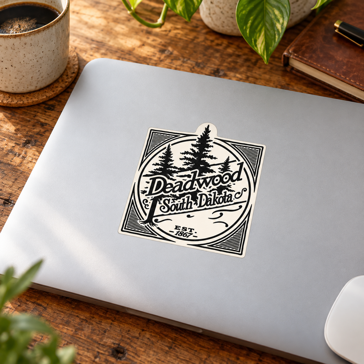 Deadwood Vintage Pine Forest Sticker on a laptop — lifestyle mockup