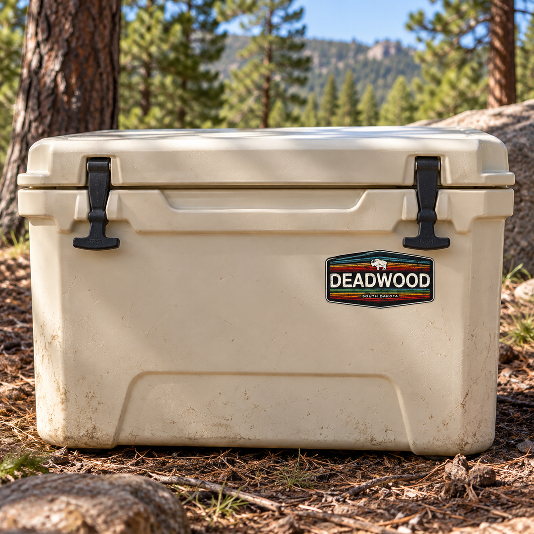 Deadwood Vintage Stripe Bison Banner Sticker on a camping cooler — realistic scale lifestyle display; accessories not included