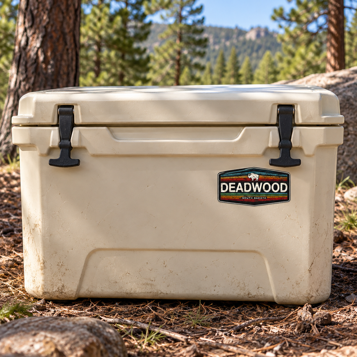 Deadwood Vintage Stripe Bison Banner Sticker on a camping cooler — realistic scale lifestyle display; accessories not included
